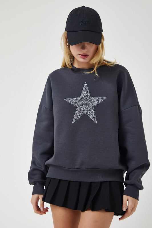 Happiness İstanbul Women's Anthracite Star Embroidered Raised Knitted Sweatshirt Women