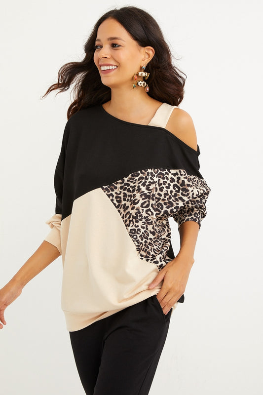 Cool & Sexy Women's Camel-Black Single Shoulder Leopard Pattern Blocked Sweatshirt Women
