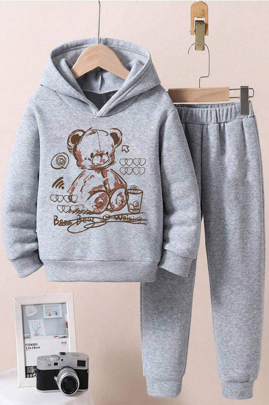 uyguntarz Bear Printed Men's - Girls Comfortable Tracksuit Set Gray Unisex