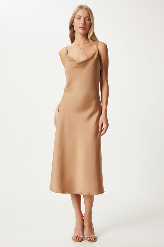 Happiness İstanbul Camel Satin Lace Collar Women's Dress Women