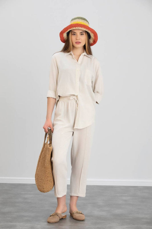 ZF BUTİK Women's Beige Double Linen Shirt, Top and Bottom Set with Trousers Women