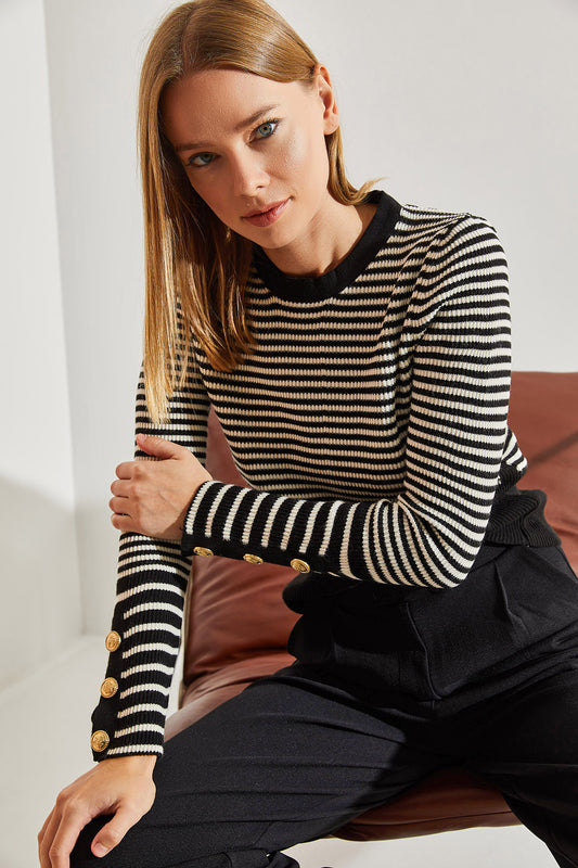 Bianco Lucci Women's Buttoned Sleeves Striped Knitwear Sweater Black-cream Women