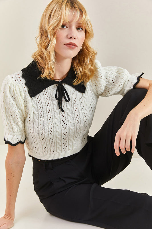Bianco Lucci Women's Baby Collar Short Sleeve Hair Knitted Knitwear Sweater White Women