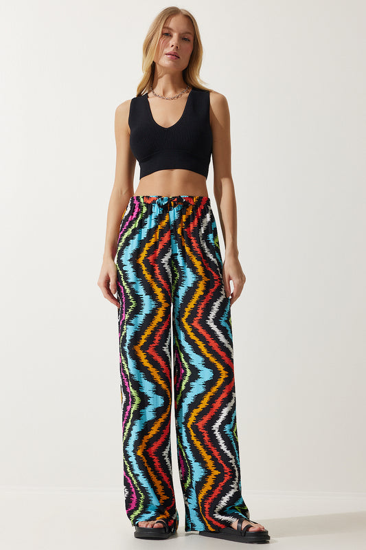 Happiness İstanbul Women's Black Blue Patterned Flowing Viscose Palazzo Trousers Women