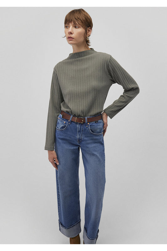Mavi Textured Green T-Shirt Loose Fit - Loose Relaxed Fit Women