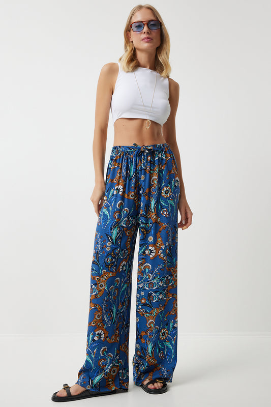 Happiness İstanbul Blue Tile Patterned Viscose Women's Palazzo Trousers Women