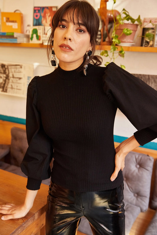 Olalook Women's Black Balloon Sleeve Blouse Women