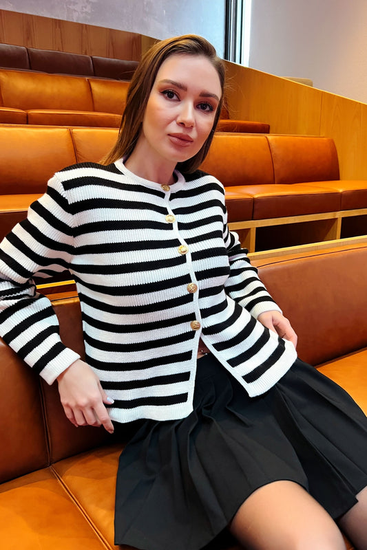 Lafaba Women's White Striped Crew Neck Padded Gold Button Detailed Knitwear Cardigan Women