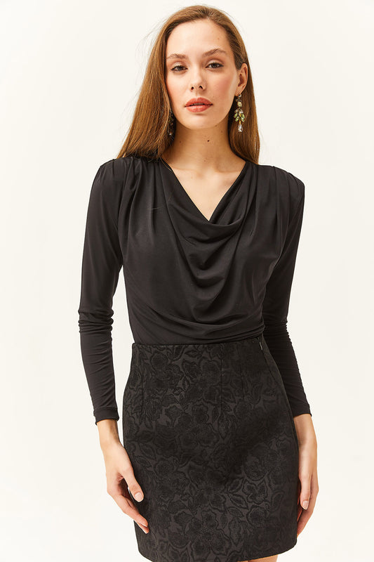 Olalook Women's Black Padded Pleated Collar Blouse Women