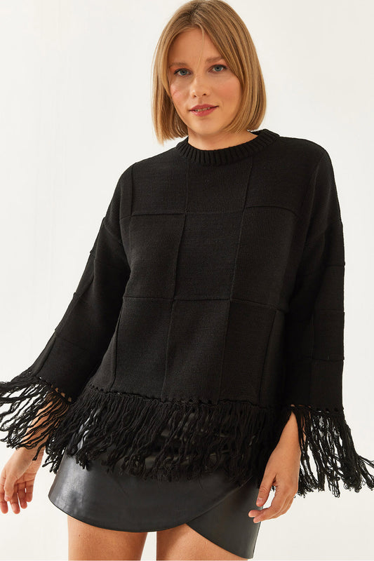 Bianco Lucci Women's Tassel Knitwear Sweater Black Women