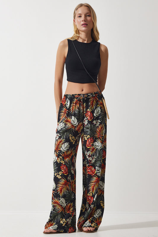 Happiness İstanbul Women's Black Tile Patterned Flowing Viscose Palazzo Trousers Women