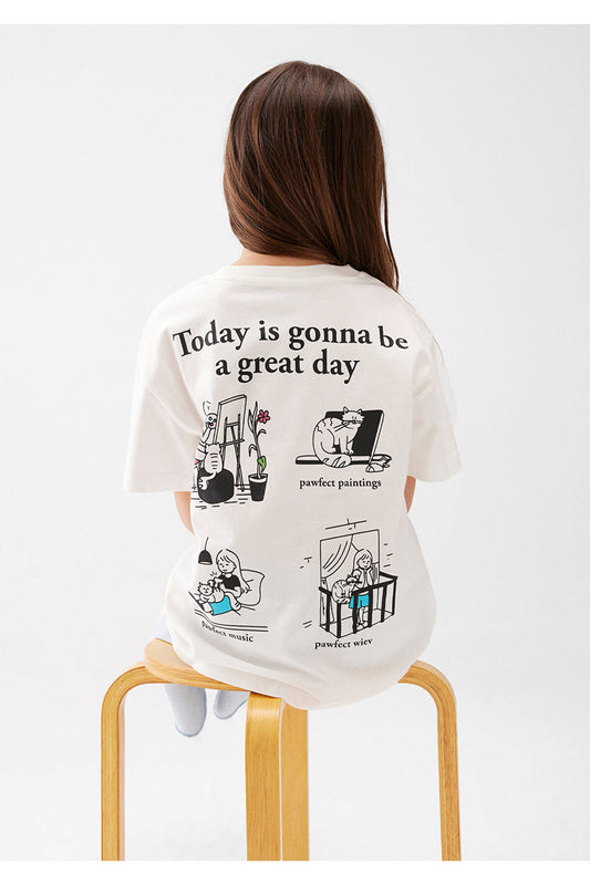 Mavi Cat Printed White T-Shirt Loose Fit - Loose Relaxed Women