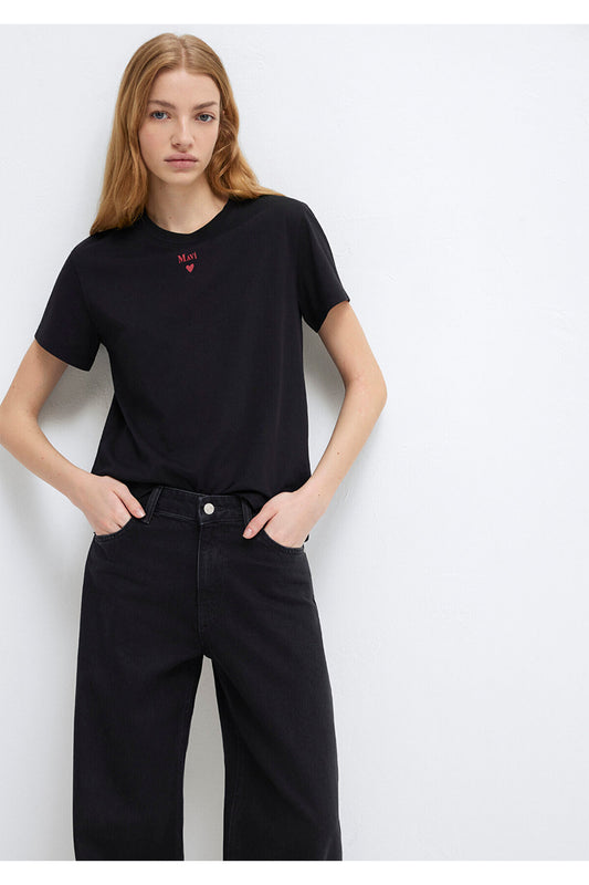 Mavi Logo Printed Black T-Shirt Semi Slim Fit - Semi Narrow Cut Women