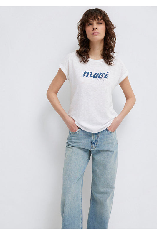 Mavi Logo Printed White T-Shirt Loose Fit - Comfortable Loose Cut Women