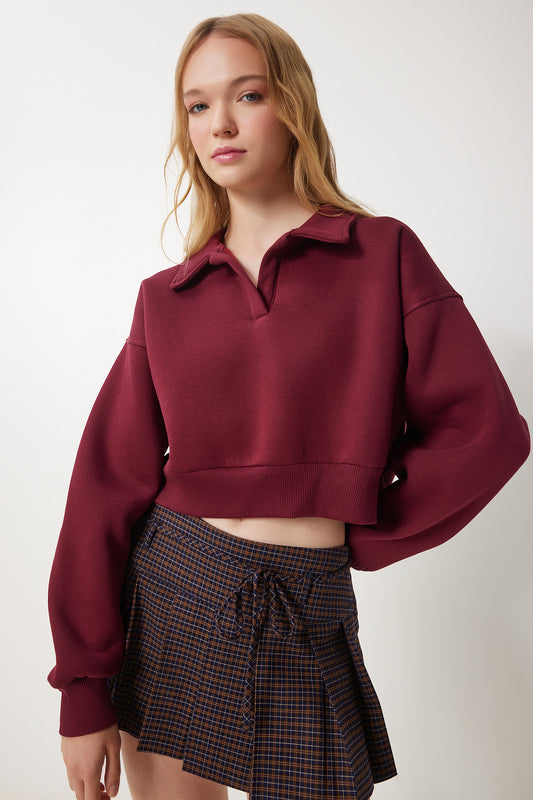Happiness İstanbul Women's Burgundy Polo Neck Raised Crop Knitted Sweatshirt Women