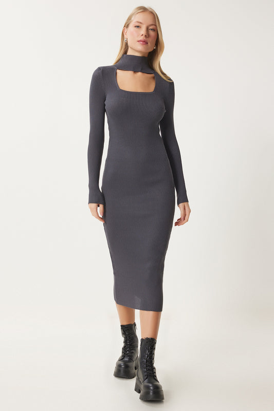 Happiness İstanbul Women's Smoked Cut Out Detailed Stand Collar Ribbed Knitwear Dress Women