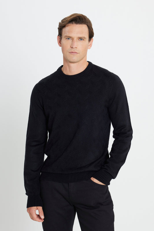 AC&Co - Altınyıldız Classics Black Standard Fit Regular Cut Crew Neck Jacquard Knit Sweater Men