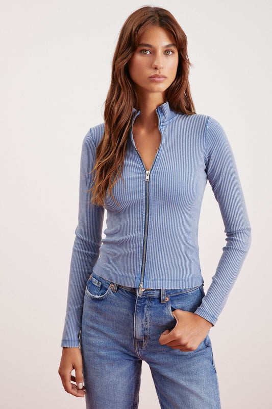 GRIMELANGE Effie Women's Blue Blouse - Stand Collar, Long Sleeve, Zipper, Washing Effect Women