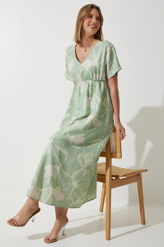 Happiness İstanbul Women's Green Tropical Patterned Summer Raw Linen Dress Light Green Women