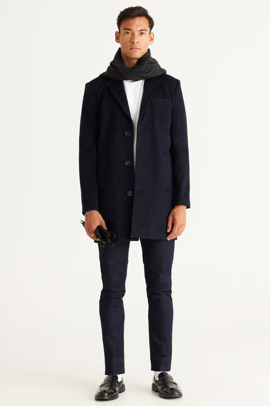 ALTINYILDIZ CLASSICS Men's Navy Blue Standard Fit Regular Cut Mono Collar Wool Coat Men