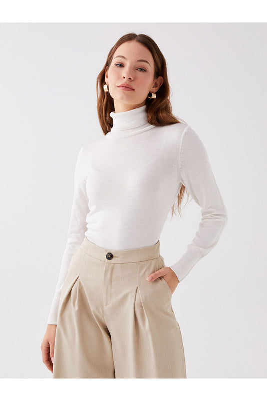 LC Waikiki Turtleneck Women's Knitwear Sweater - Solid Long Sleeve Ecru Women