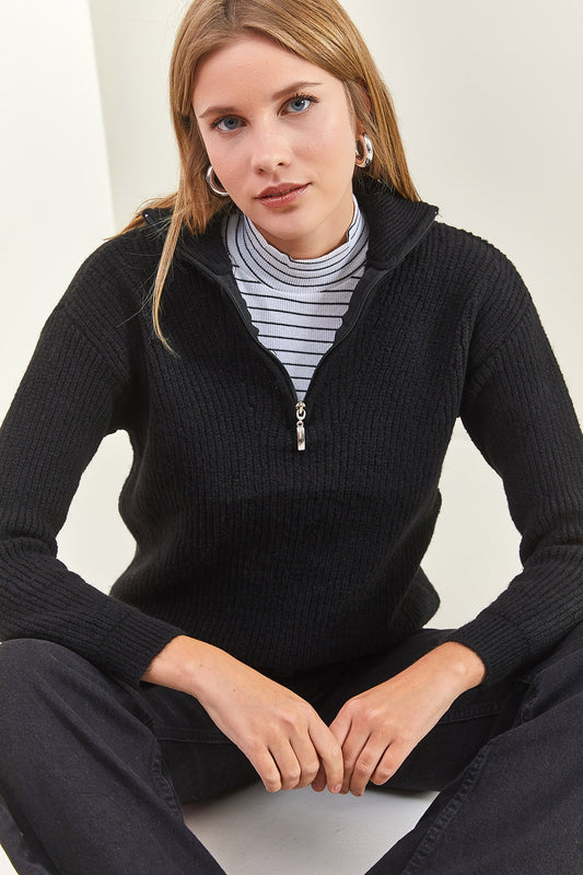 Bianco Lucci Women's Zippered Turtleneck Oversize Knitwear Sweater Black Women