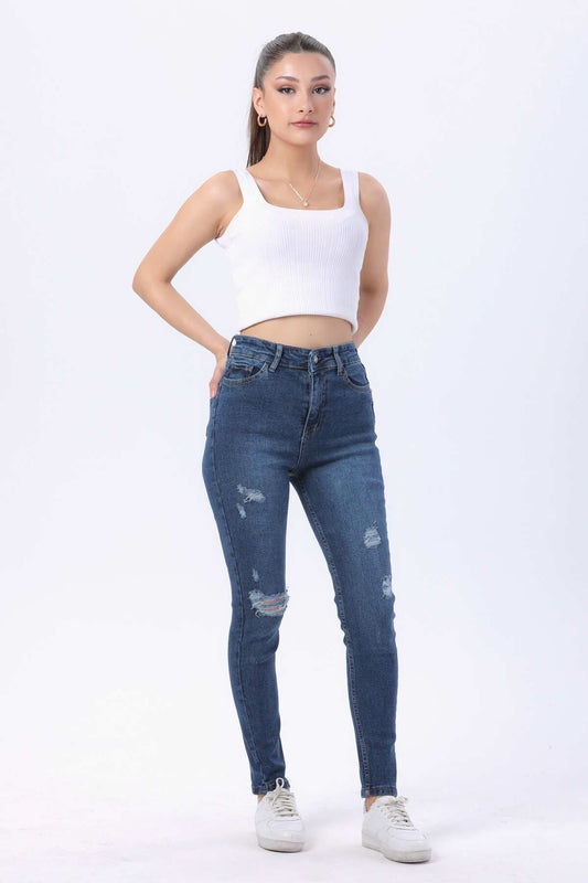 TOFİSA Blue Lycra Skinny Women's Jeans - Medium Cut Dark Blue Women