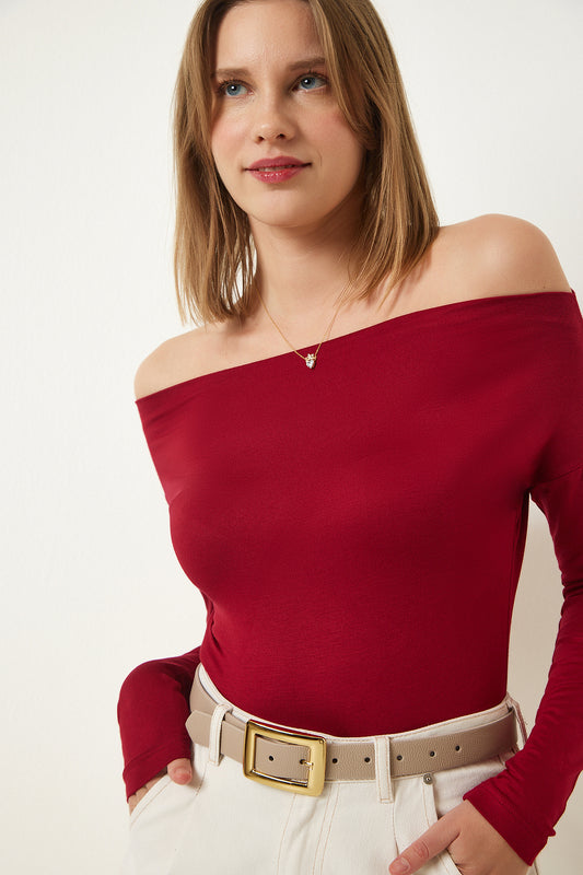 Happiness İstanbul Women's Burgundy Boat Neck Knitted Blouse Women