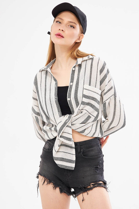 armonika Black Oversize Striped Shirt - Long Sleeve, Pocket Detail, Back Pleated Women