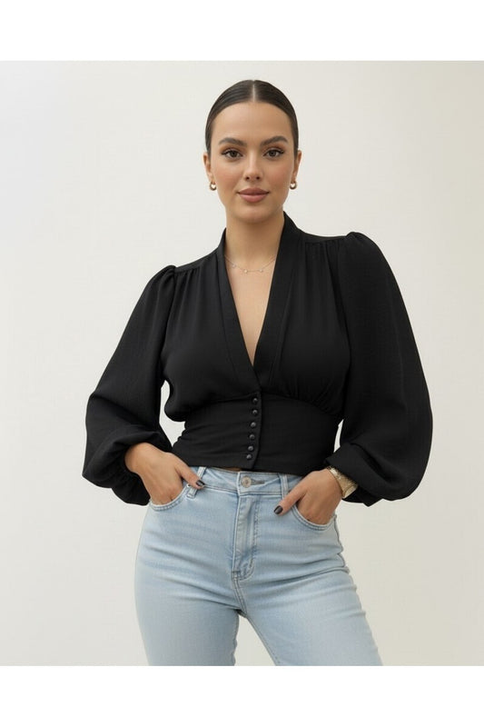Modamorfo Buttoned Balloon Sleeve Sandy Crop with Elastic Back - Black Women