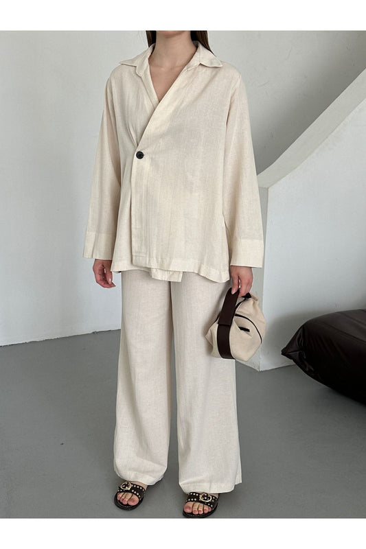 Laluvia Natural 100% Cotton Double Breasted Closure Single Button Kimono Trouser Suit Women