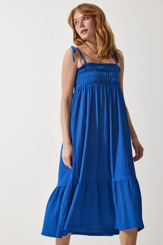 Happiness İstanbul Women's Blue Strappy Crinkle Summer Knitted Dress Women