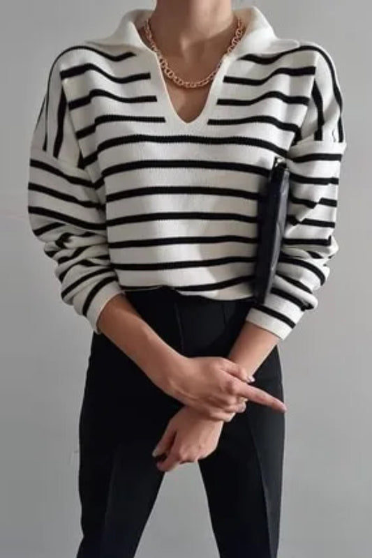 MODAGEN Women's White Polo Neck Striped Long Sleeve Knitwear Sweater Women