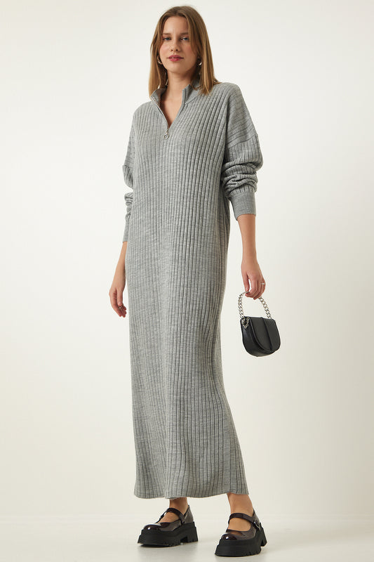 Happiness İstanbul Woman's Grey Ribbed Oversize Knit Dress Gray Women