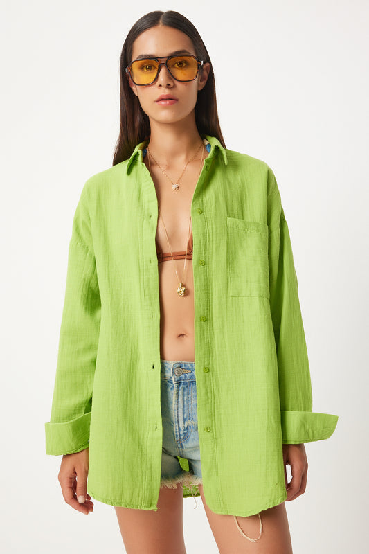 Happiness İstanbul Pistachio Green Oversize Muslin Women's Shirt Women
