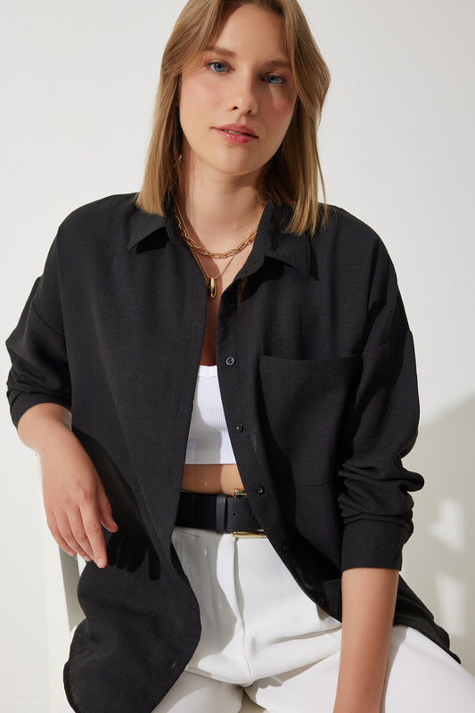 Happiness İstanbul Woman's Black Oversize Linen Ayrobin Shirt Women