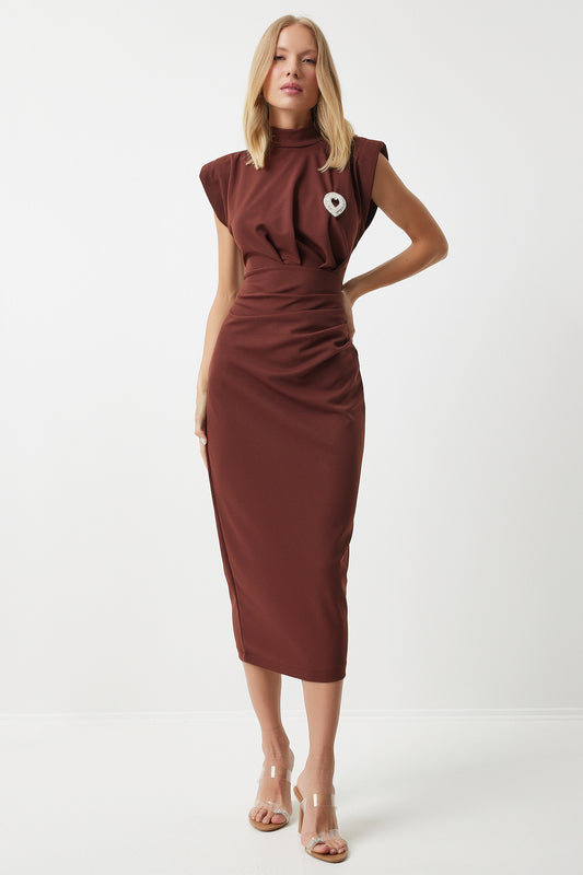 Happiness İstanbul Brown Brooch Gathered Knitted Dress Women
