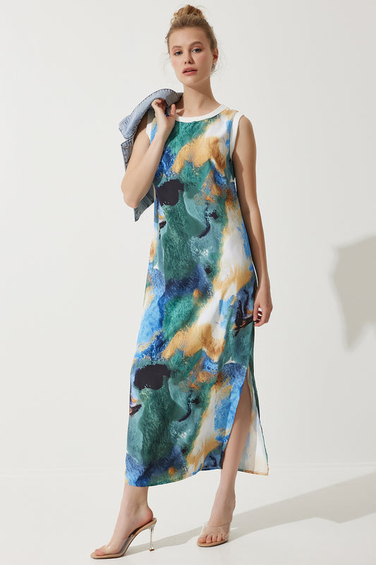 Happiness İstanbul Women's Blue Gradient Patterned Sleeveless Summer Dress Women