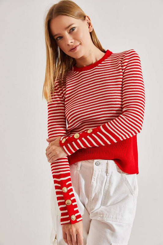 Bianco Lucci Women's Buttoned Sleeves Striped Knitwear Sweater Red-cream Women