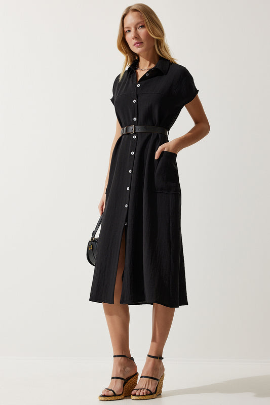 Happiness İstanbul Women's Black Belted Woven Dress Women