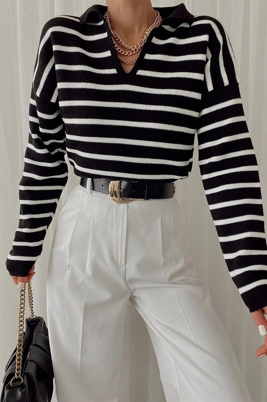 MODAGEN Women's Black Polo Neck Striped Long Sleeve Knitwear Sweater Women