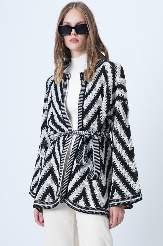 Trend Alaçatı Stili Women's Black Geometric Patterned Crochet Cardigan with Belted Waist ALC Women