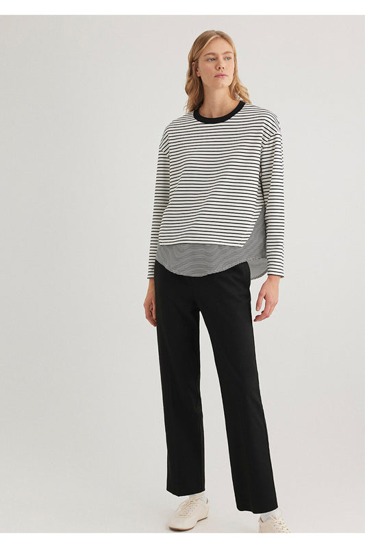 Mavi Double Texture Striped T-Shirt - Loose Black Women