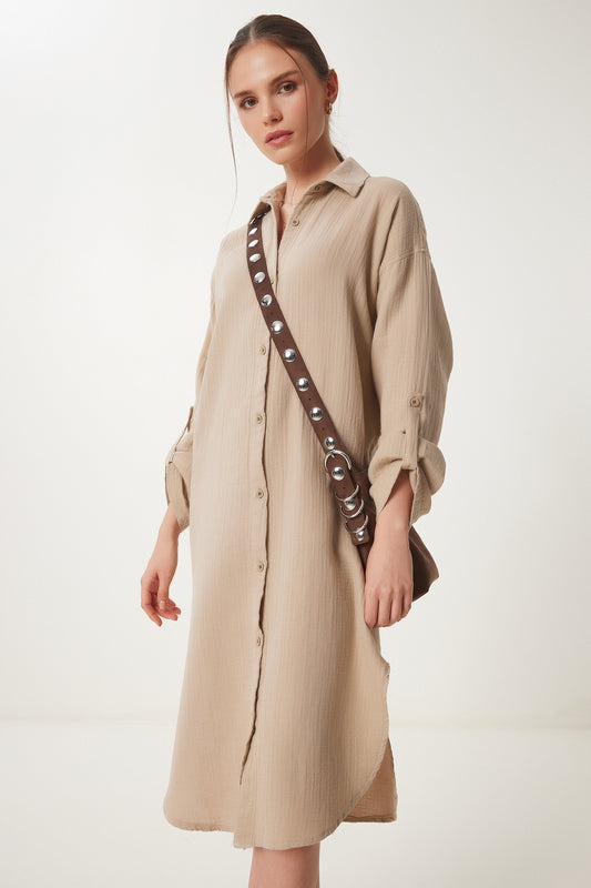 Happiness İstanbul Women's Beige Oversize Muslin Shirt Dress Women