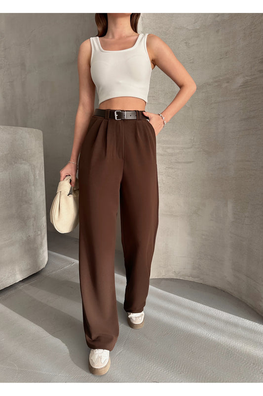 modazoom Women's Brown Lycra Belted Wide Leg High Waist Trousers Women