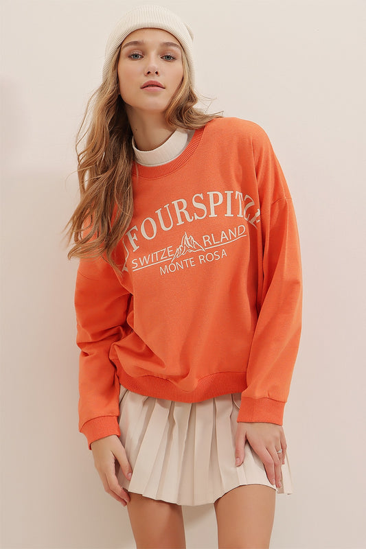 Trend Alaçatı Stili Women's Orange Crew Neck Text Printed Oversize Sweatshirt ALC Women