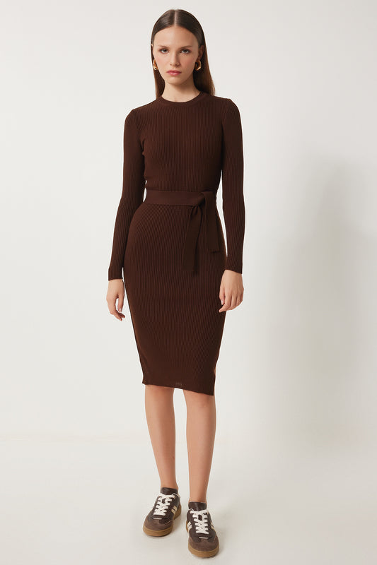 Happiness İstanbul Women's Dark Brown Crew Neck Lycra Knitwear Dress Women