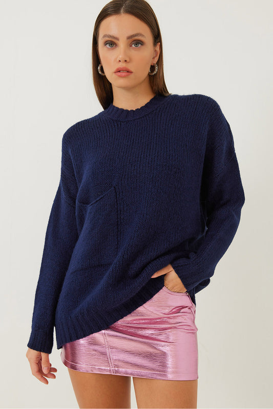 Bianco Lucci Women's Big Pocket Patterned Knitwear Sweater Navy Blue Women