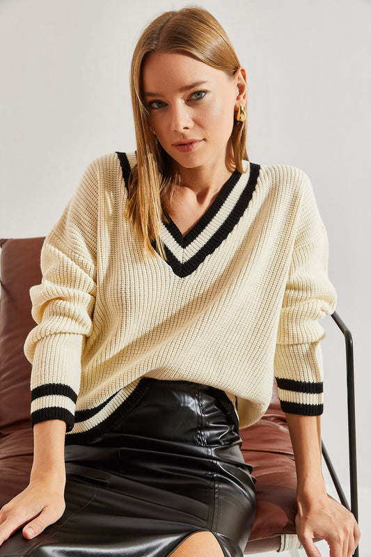 Bianco Lucci Women's V-Neck Striped Knitwear Sweater Beige-black Women
