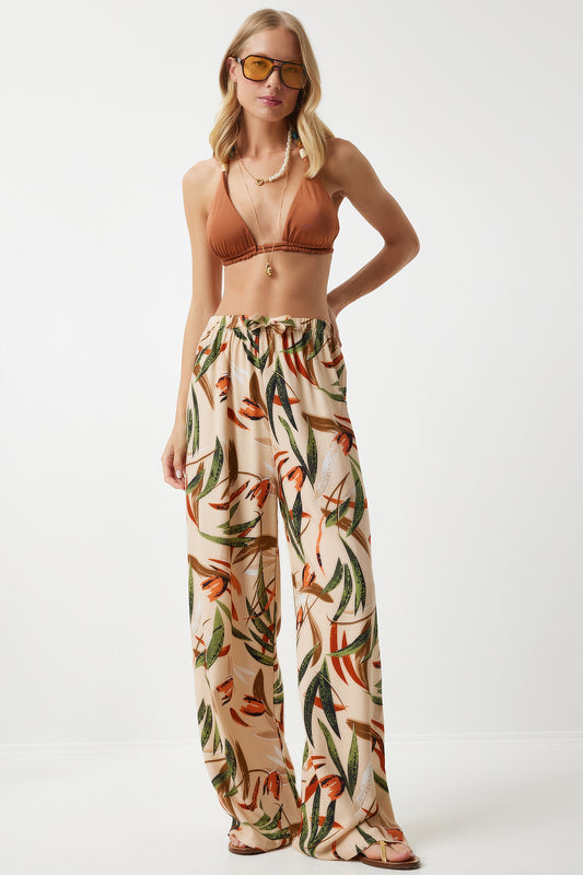 Happiness İstanbul Tile Patterned Women's Viscose Palazzo Trousers - Cream Cream Tile Women